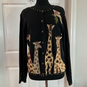 Arriviste Embroidered Giraffe Safari Cardigan Sweater Vintage Size Medium